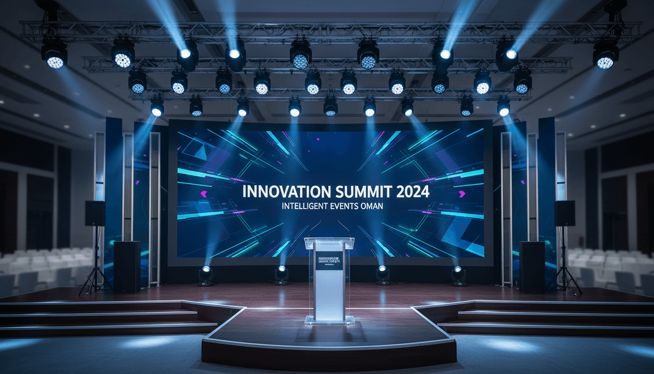 Corporate keynote stage with LED screen, podium, and professional lighting setup.