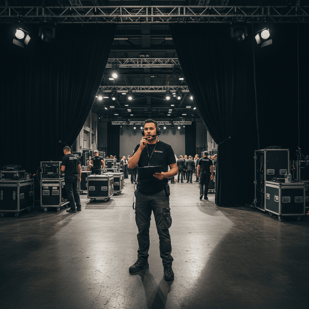 Event coordinator with headset and clipboard backstage