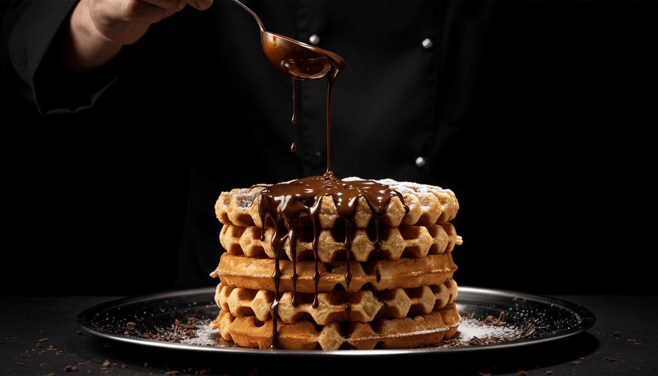 Close-up of chocolate sauce being drizzled over a waffle stack