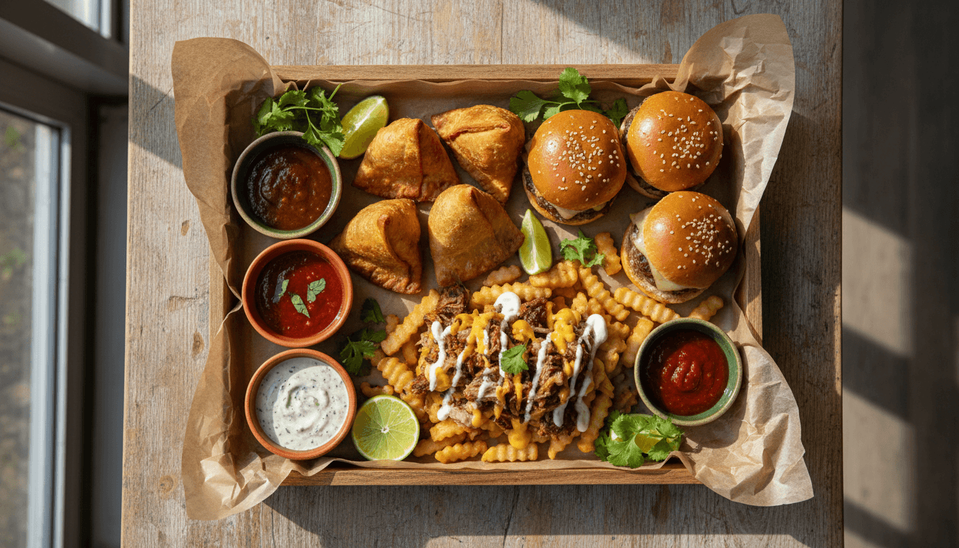 Overhead view of a tray with samosas, sliders, and loaded fries