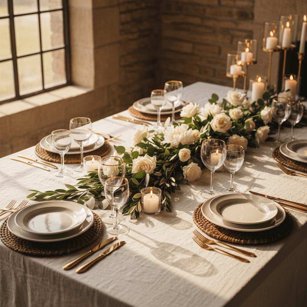 Beautifully set banquet table with floral centerpiece