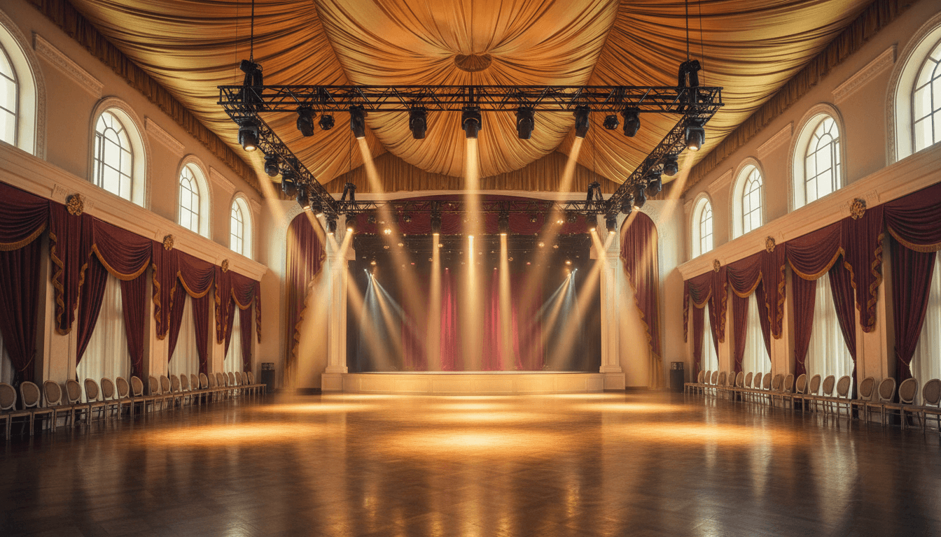 Empty event hall with stage and stage lighting in Muscat