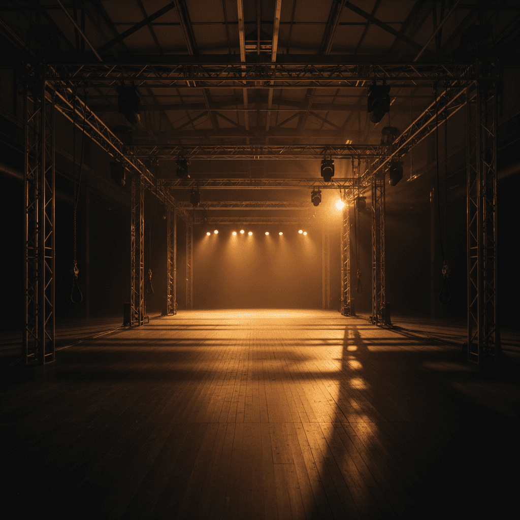 Empty industrial stage with wooden floors and metal trusses illuminated by warm amber spotlights.