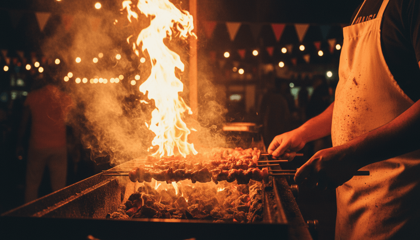 Chef grilling skewers at a FoodPark stall under string lights