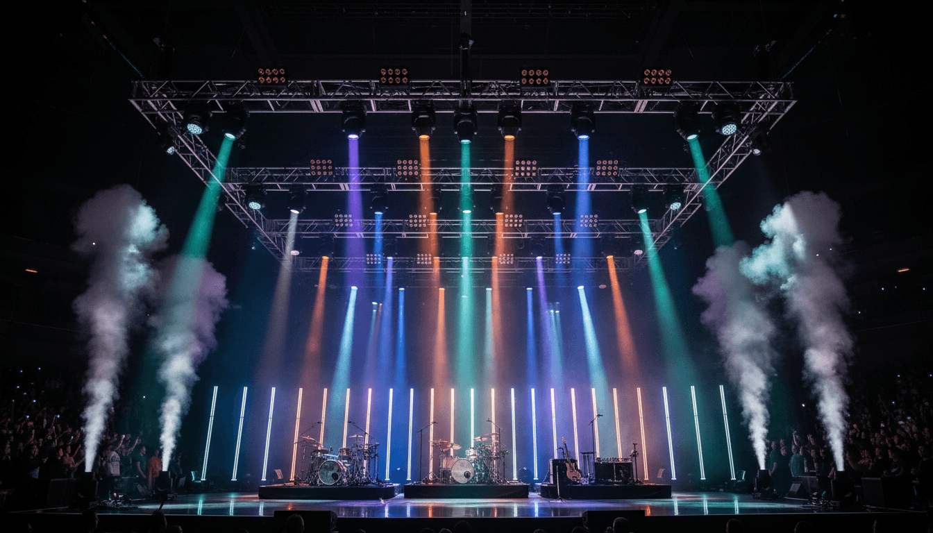 event lighting rig with colorful uplighting and spotlights on stage