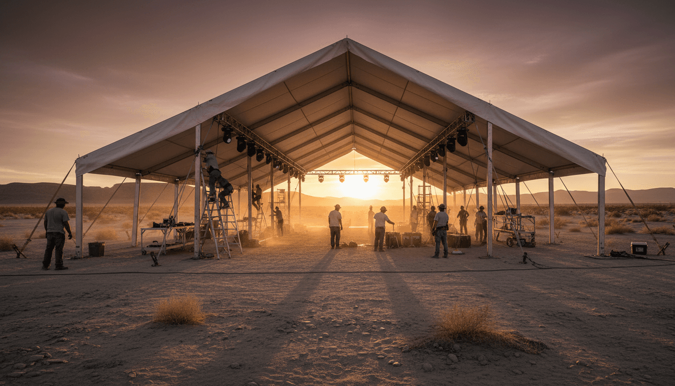 Event production crew setting up a large tent and staging in the Muscat desert at golden hour