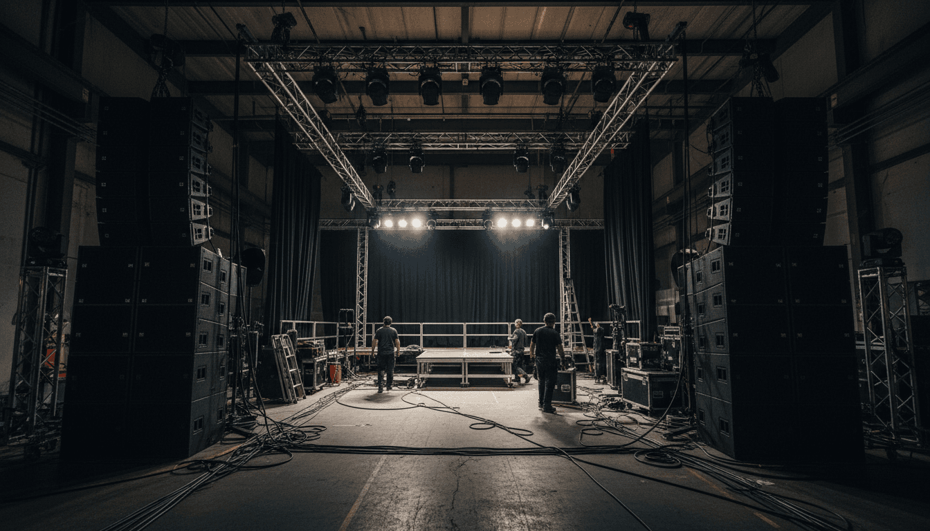 Event production crew setting up stage lighting and sound equipment before a show in Muscat