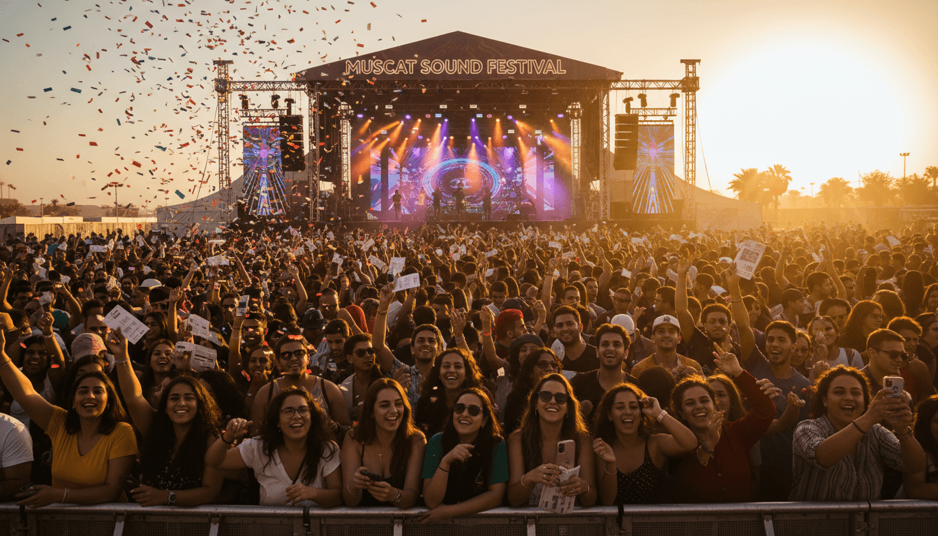 Crowd of festival attendees holding tickets under golden sunset light