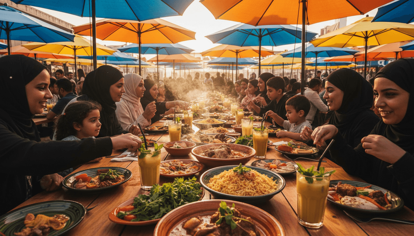 Crowd of friends and families eating together at a long communal table
