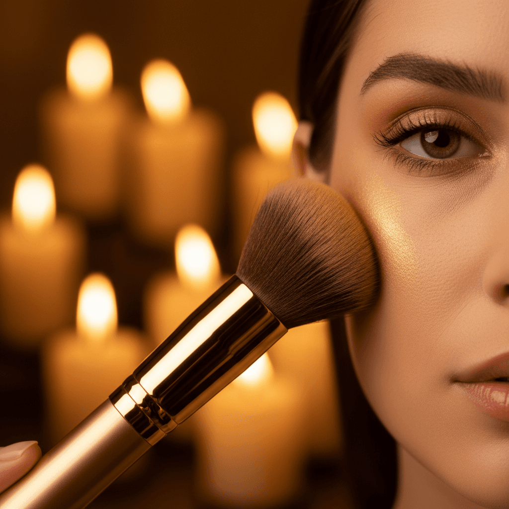 Makeup artist applying highlighter to cheekbone