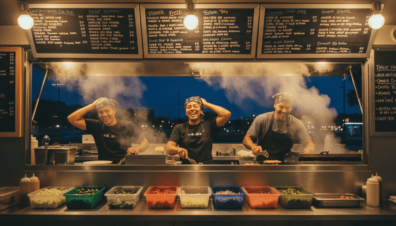 Food truck crew busy serving customers through an open window at night