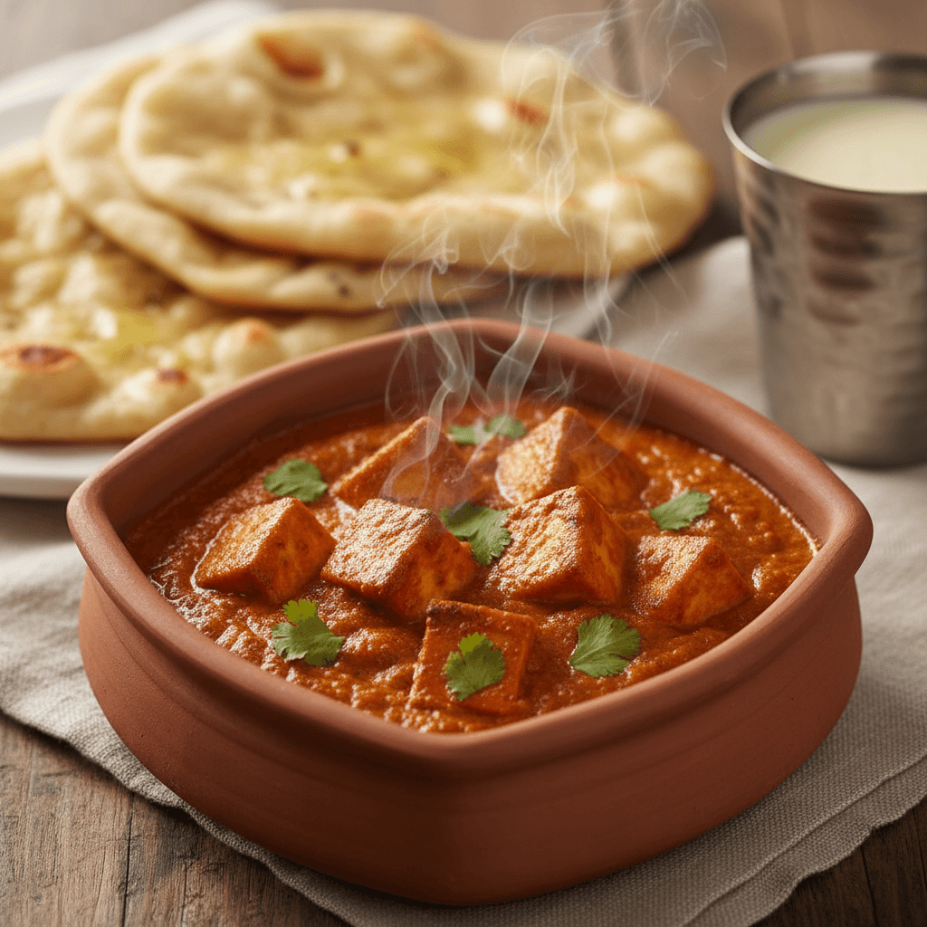 Creamy paneer tikka masala in earthenware bowl with fresh cilantro, accompanied by naan and lassi