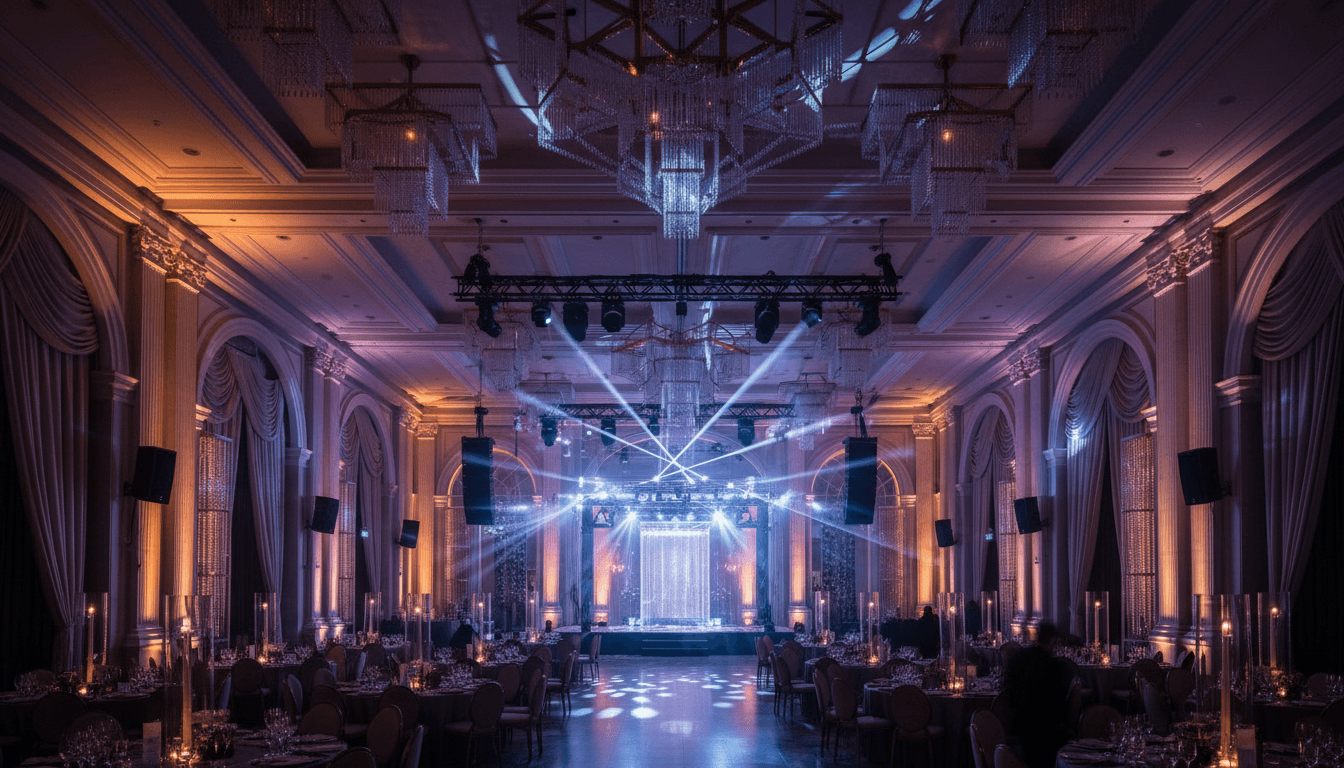 Luxurious event venue transformed by sophisticated lighting design with dramatic jewel-toned uplighting and professional sound system integration