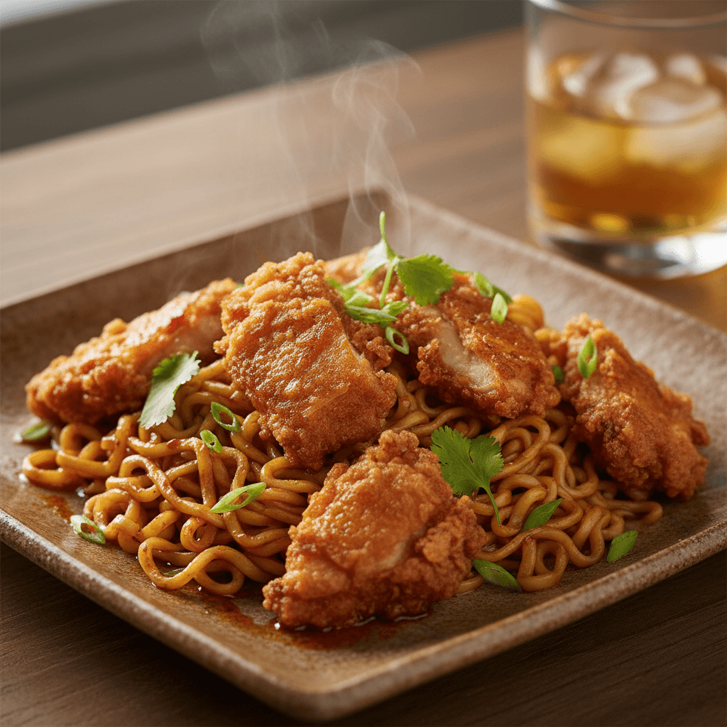 Golden fried chicken and aromatic noodles with fresh herbs on ceramic plate, soft natural light