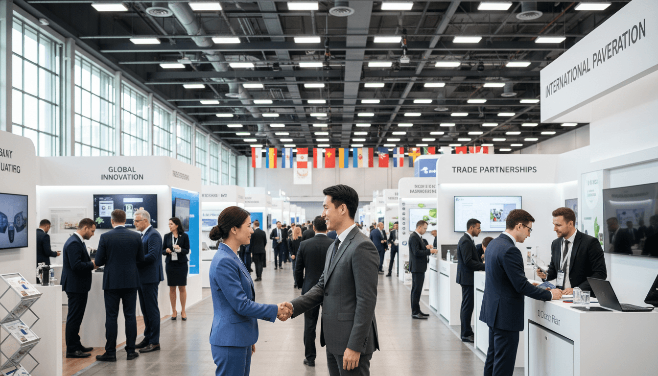 Diverse business professionals networking at international trade exhibition with product displays and booths