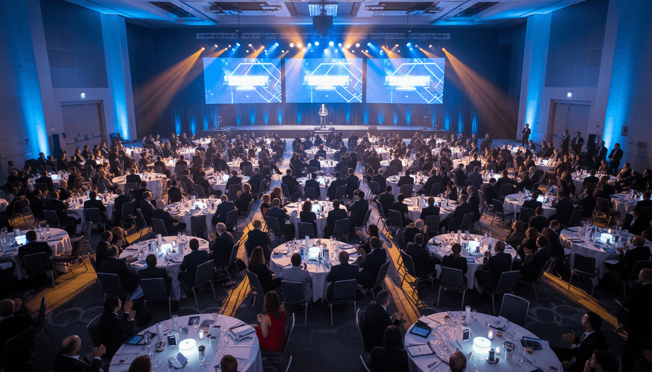 Large corporate event in progress with illuminated stage, LED displays, and diverse attendees seated at tables with professional lighting