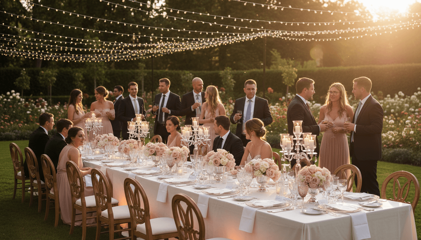 Elegant wedding reception with warm candlelit tables and string lights