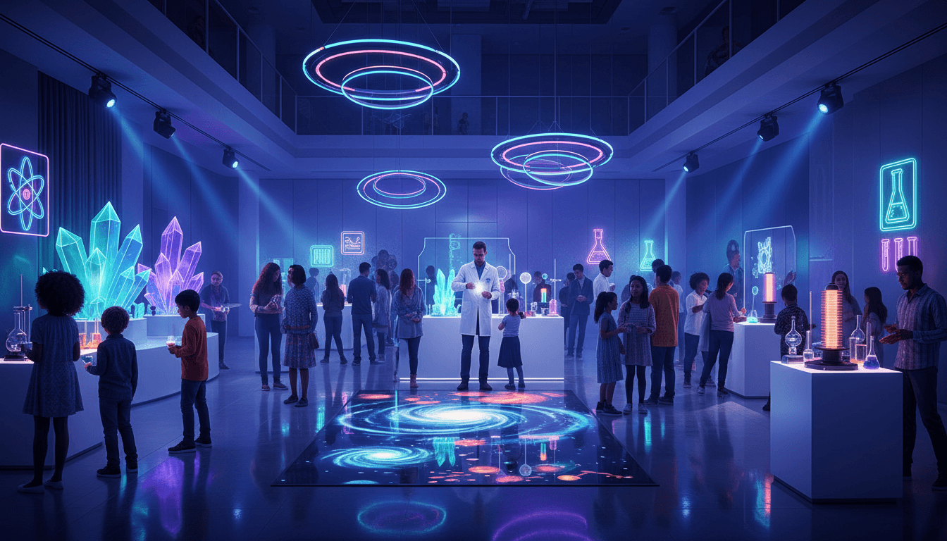 Immersive science-themed party venue with interactive stations, theatrical lighting, and diverse participants engaging with educational displays