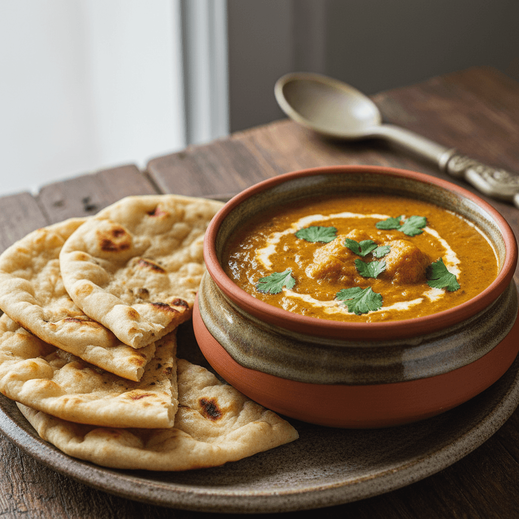 Golden vegetarian curry with fresh cilantro and charred tandoori naan bread, artfully plated in ceramic bowl on wooden table