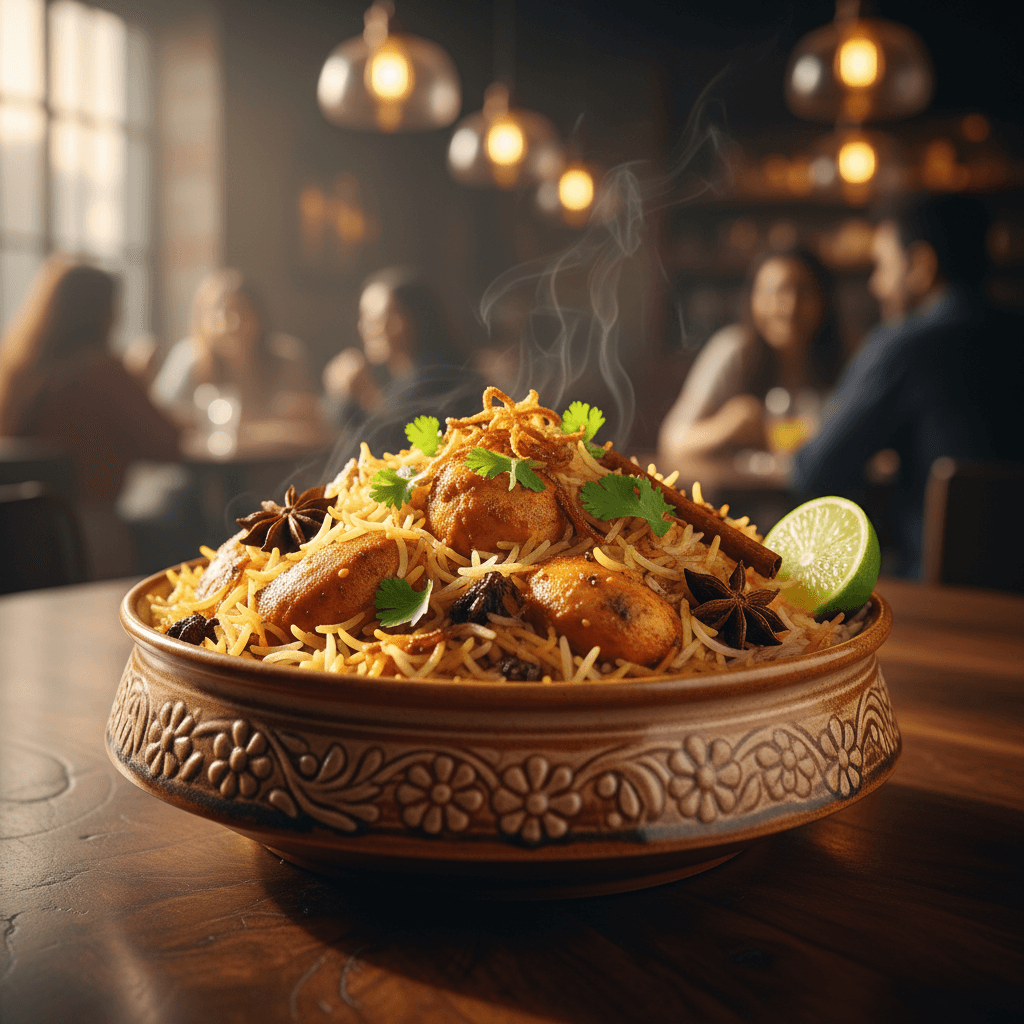 Elegantly plated North Indian biryani with fresh garnish and warm golden lighting in upscale dining setting