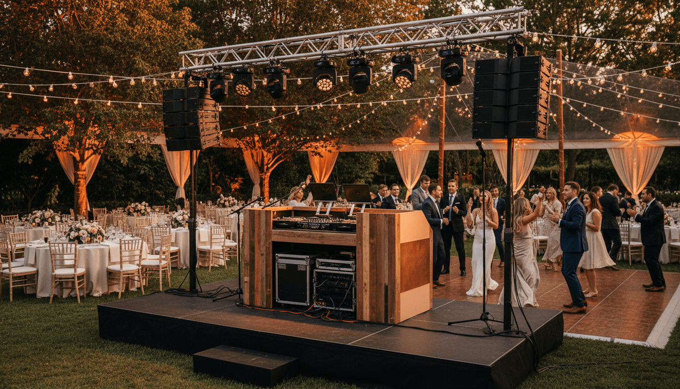 Elegant outdoor wedding reception with elevated DJ booth, professional sound system, and guests dancing under warm ambient lighting during golden hour