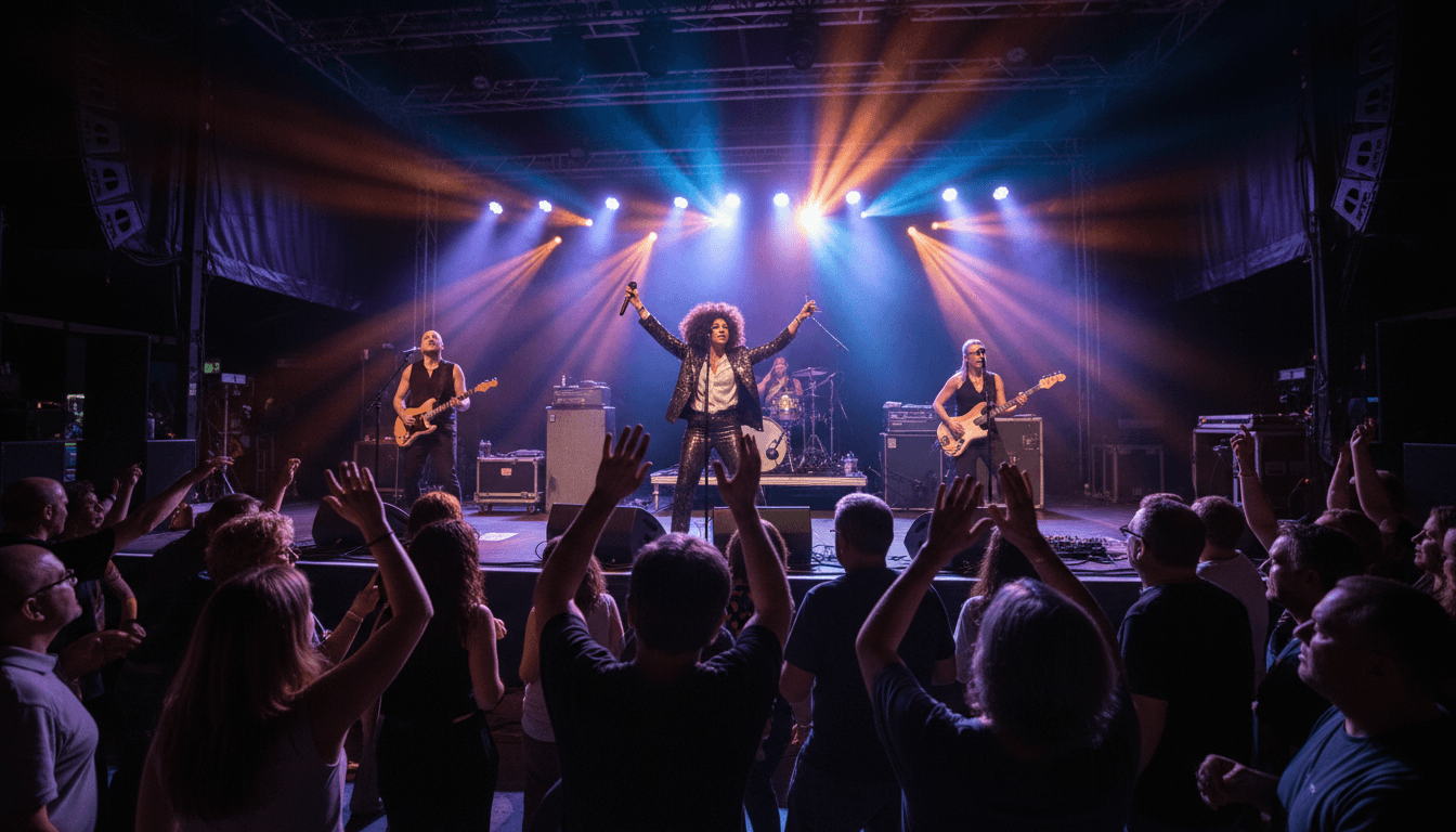 Live band performing on stage with dramatic lighting while diverse audience members dance and cheer enthusiastically