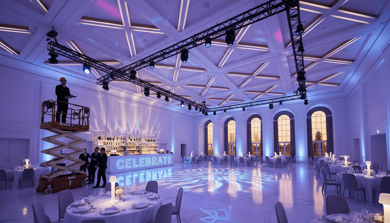 Event technician adjusting dramatic LED lighting in upscale ballroom venue during celebration setup