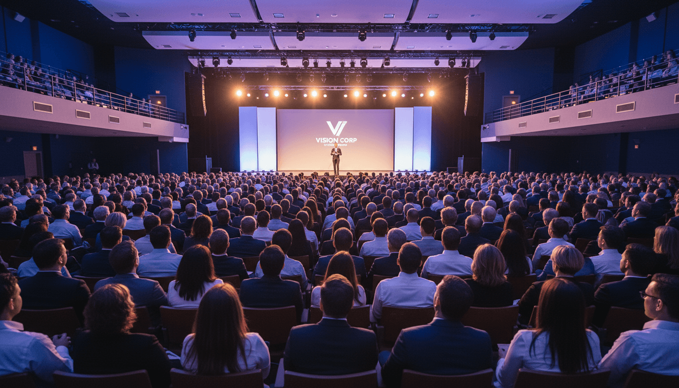 Packed auditorium of diverse employees attending town hall with executive speaking from illuminated stage under professional lighting