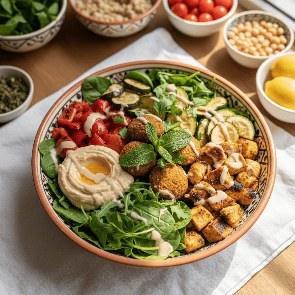 Overhead view of colorful Mediterranean grain bowl with roasted vegetables, falafel, hummus, and fresh herbs in ceramic dish