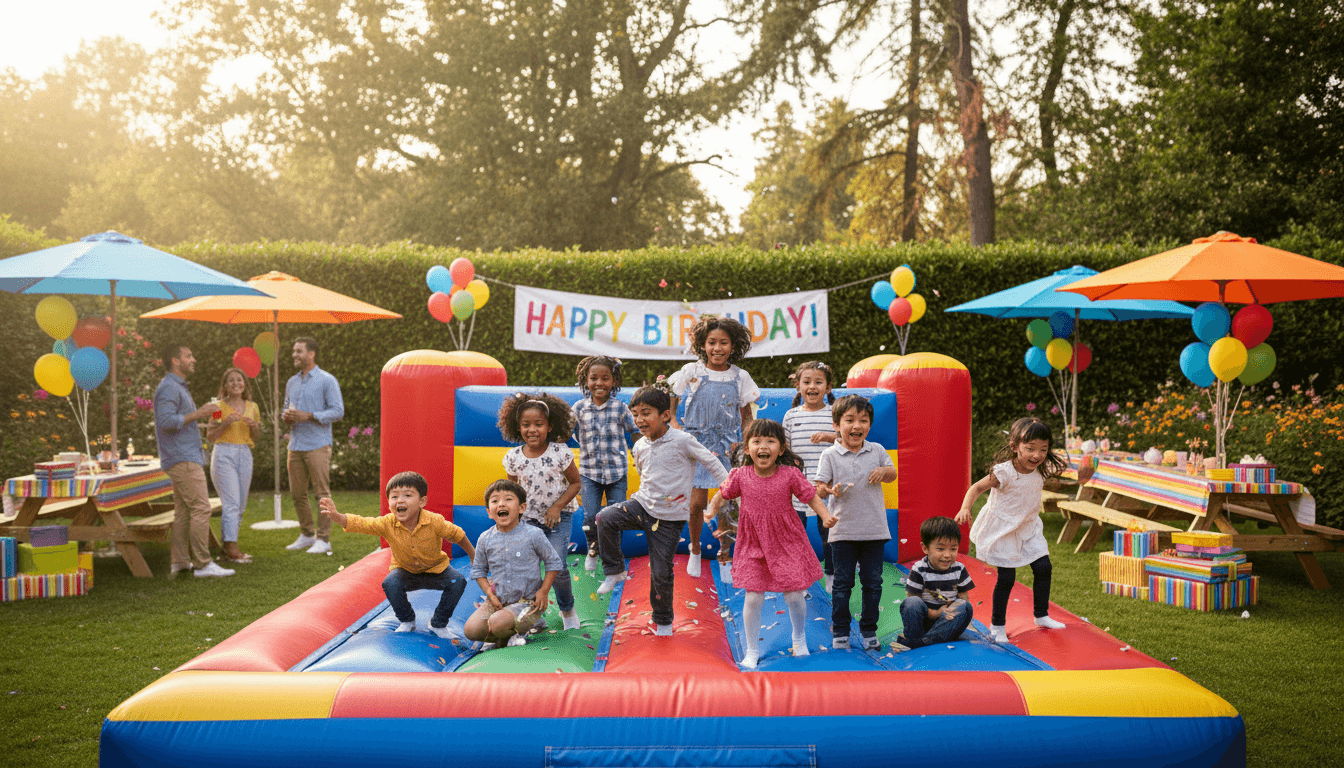 Vibrant birthday party scene with colorful balloons and guests enjoying themselves
