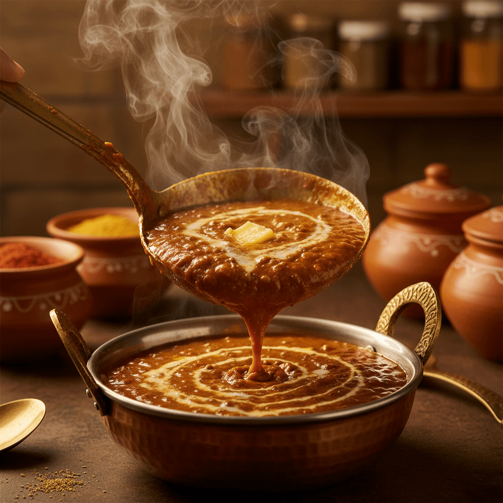 Chef ladling creamy dal makhani curry into traditional copper bowl with steam rising from the rich sauce