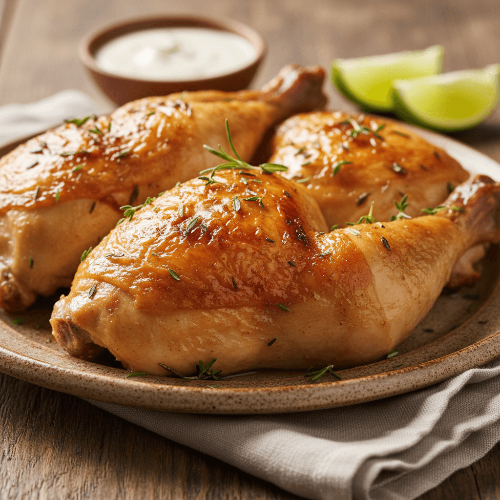 Golden-roasted chicken pieces on ceramic plate with herb garnish and lime, natural window lighting