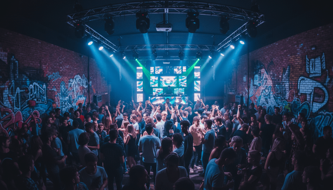 Neon-lit costume party with guests in creative outfits and a DJ booth