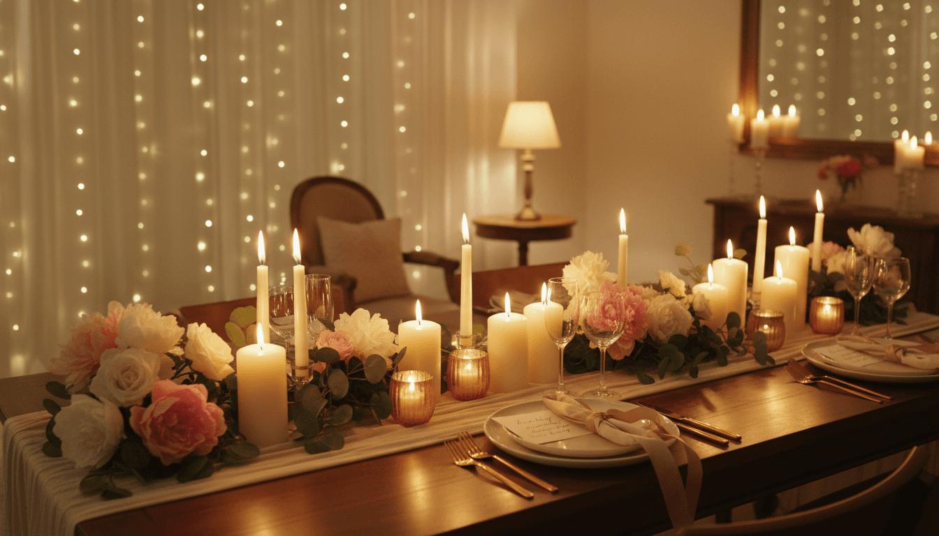 Intimate anniversary dinner setting with fairy lights and a toast