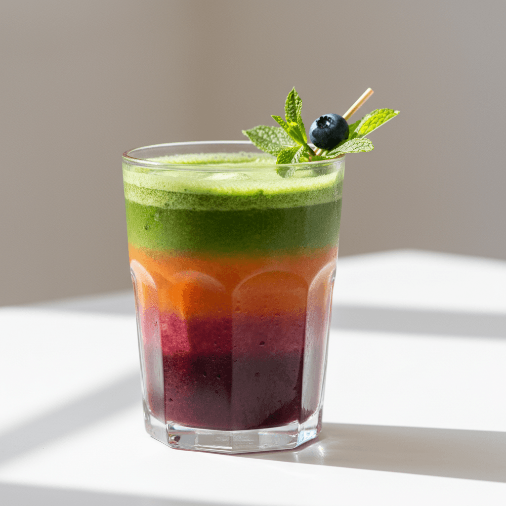 Vibrant layered fresh juice in premium glassware with berry garnish on minimalist white background