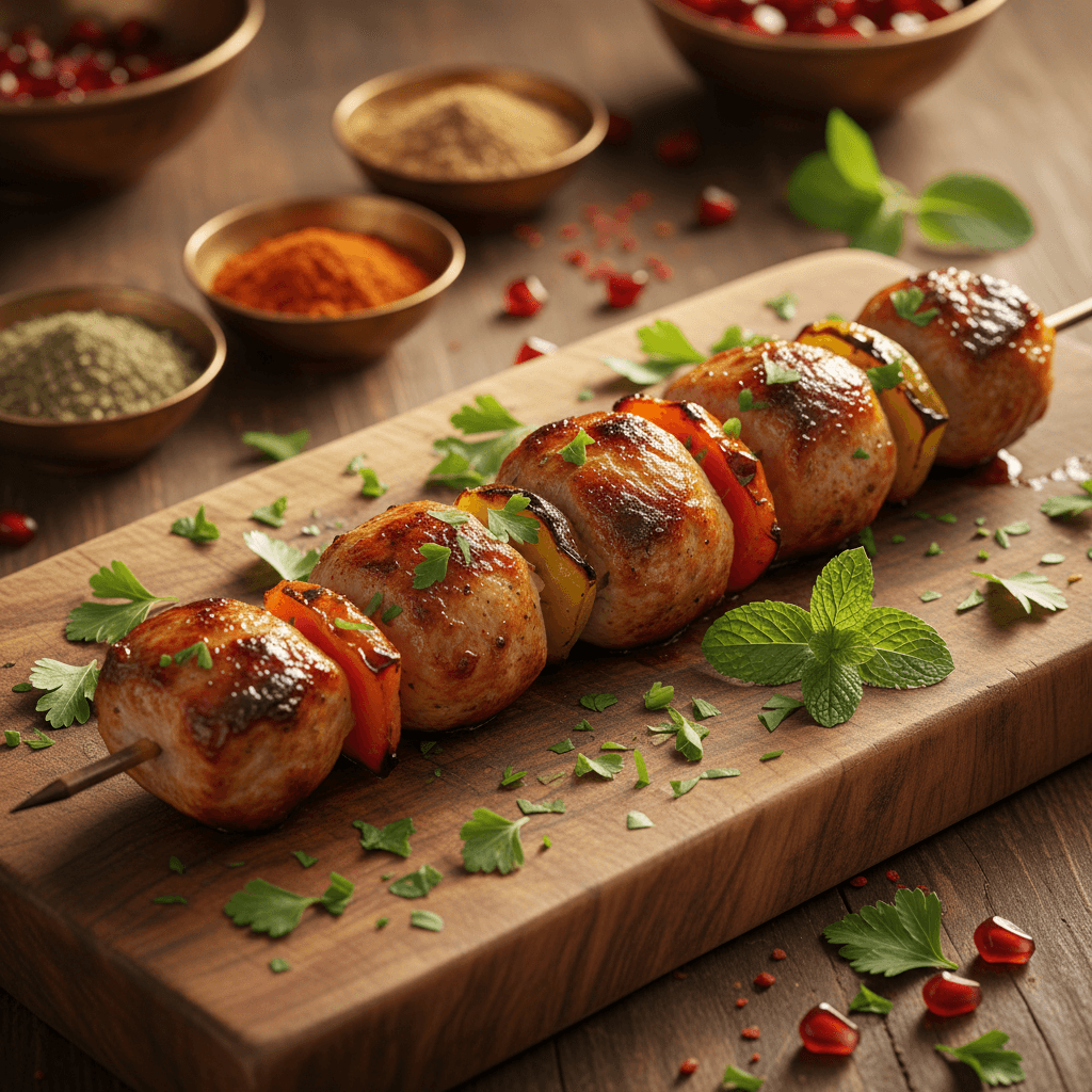 Golden-hour close-up of perfectly grilled lamb kebab on wooden platter with fresh herbs and spices