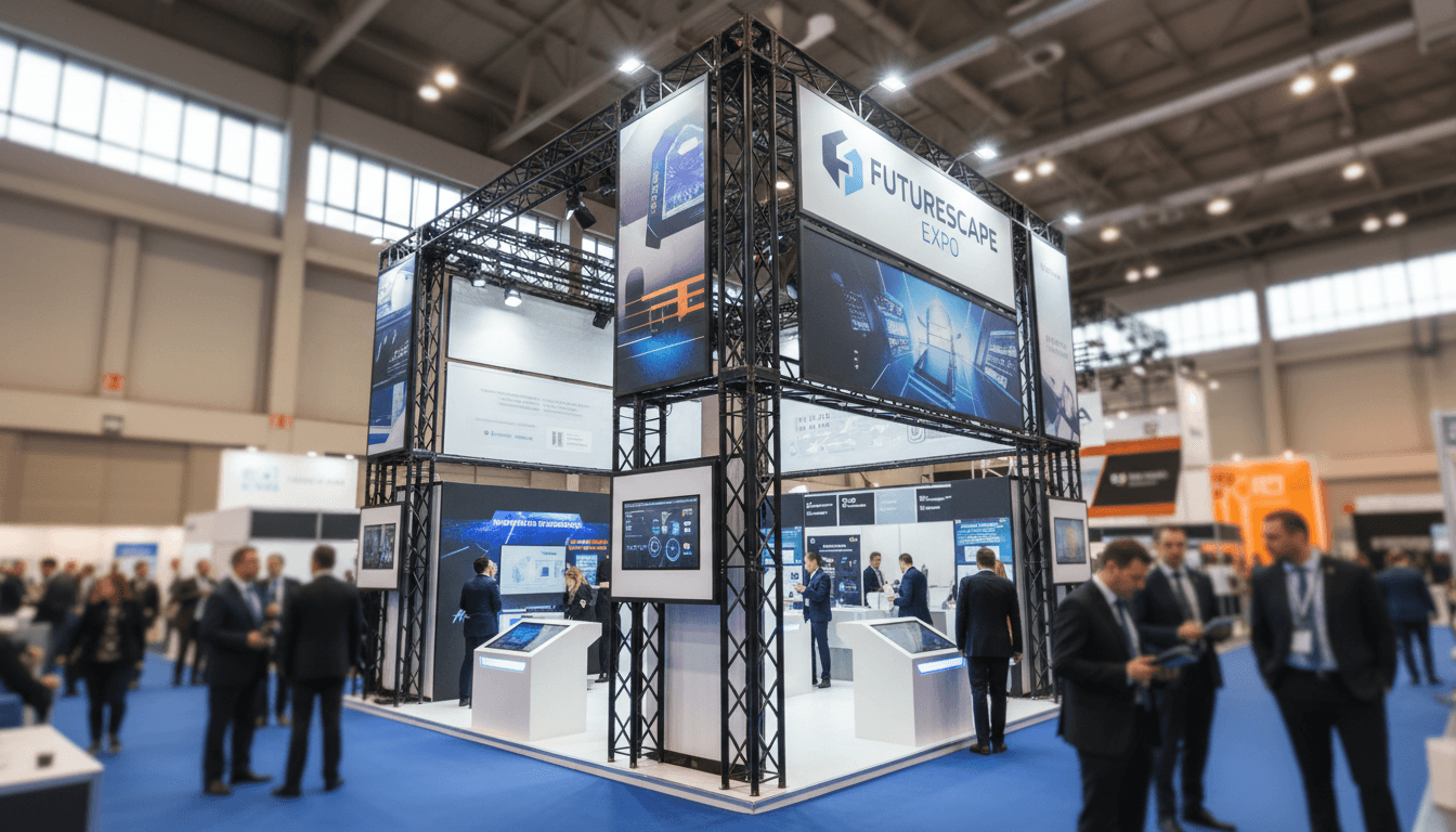 Custom multi-level exhibition stall with illuminated panels on active trade show floor with visitors interacting with displays
