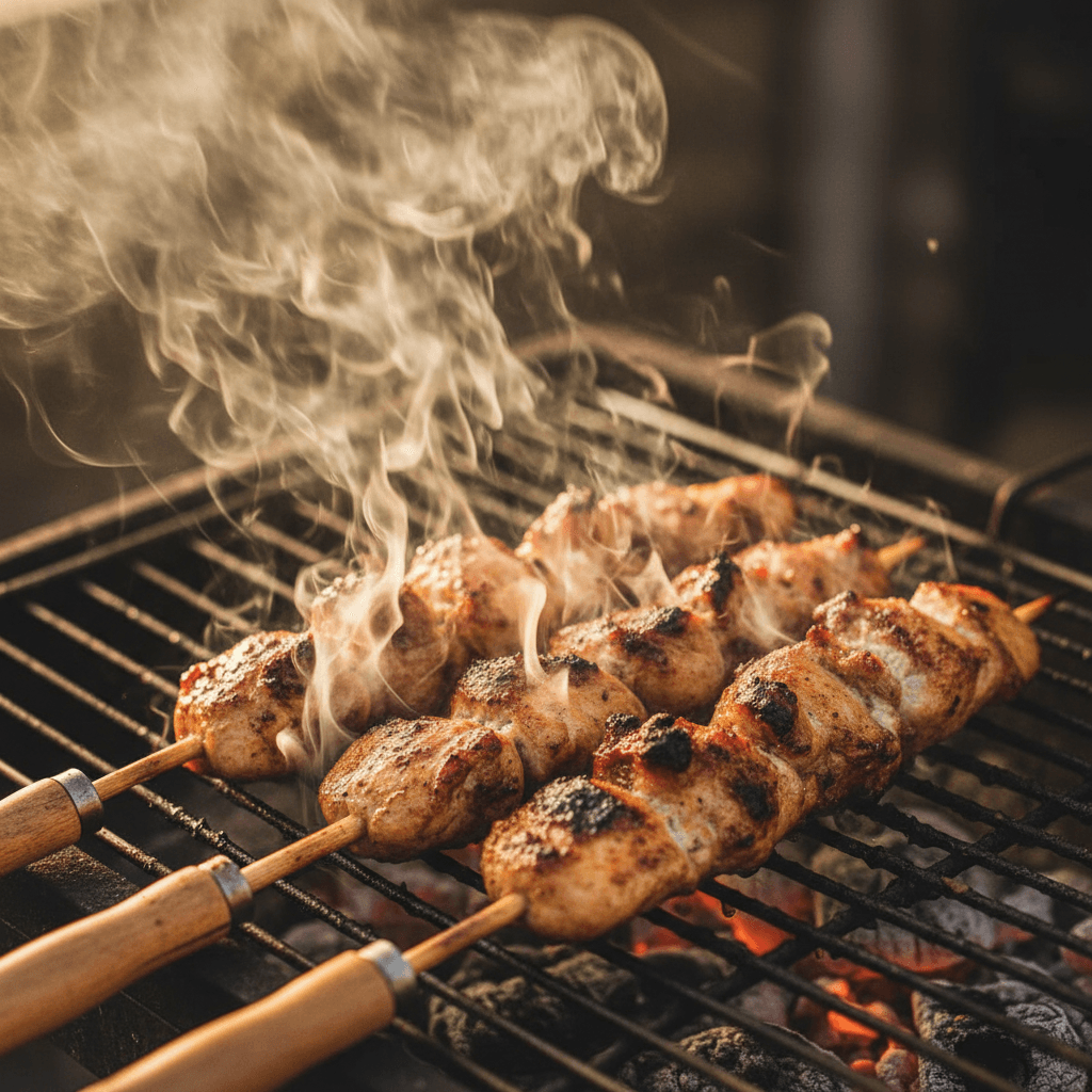 Charcoal-grilled chicken skewers with smoke rising, fresh flame-grilled meat with caramelized exterior and charred details
