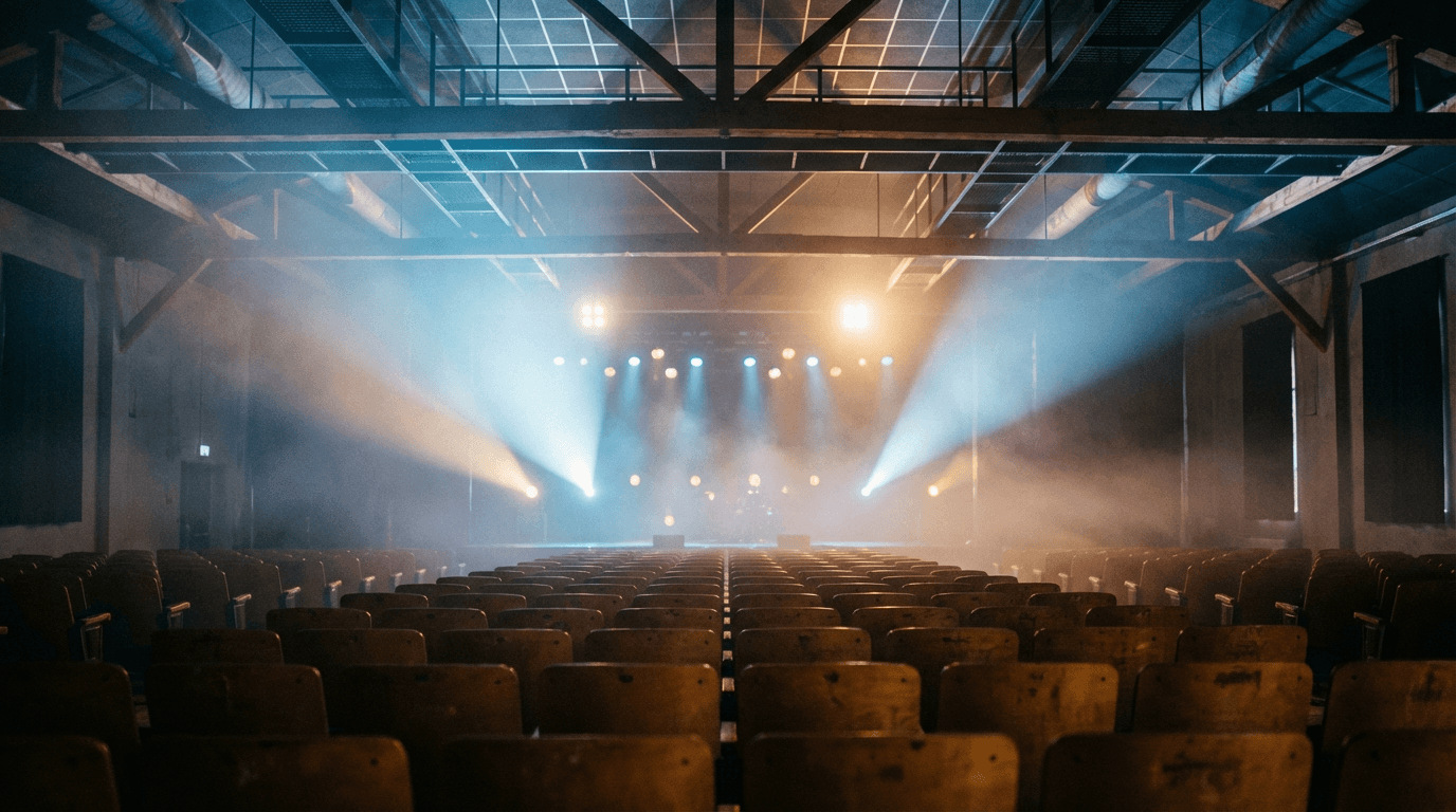 Production crew rigging stage lighting for a corporate event in an empty hall