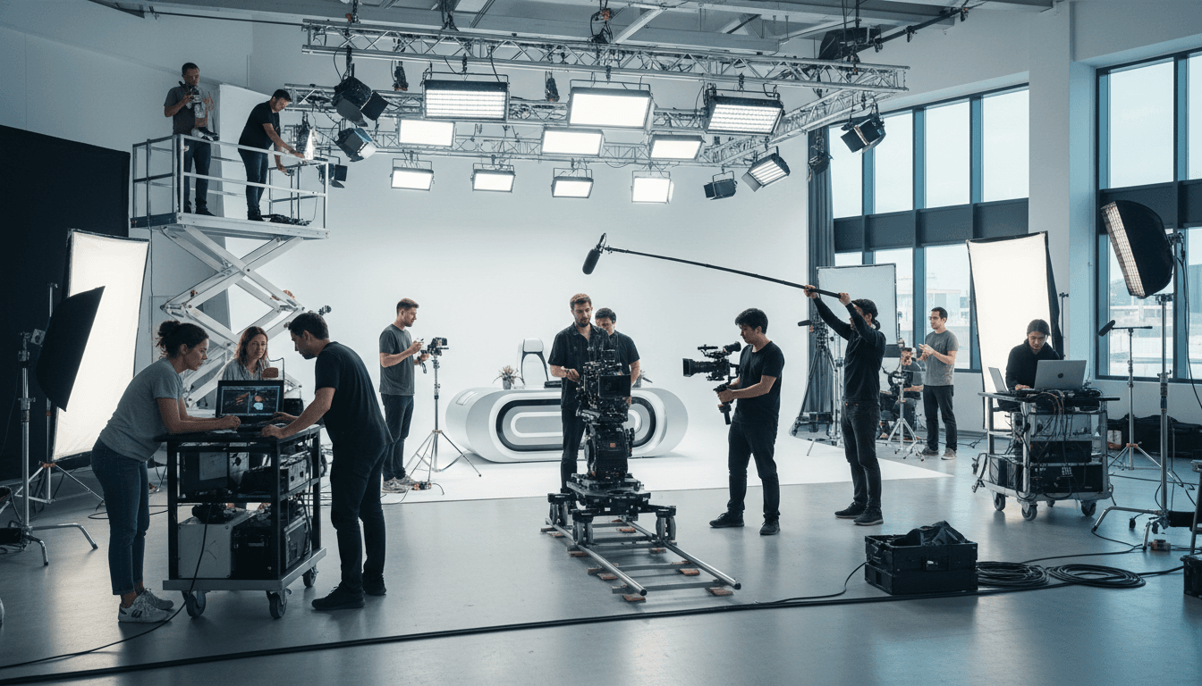 Active video production studio with diverse crew managing cameras, lighting rigs, and audio equipment during collaborative shoot