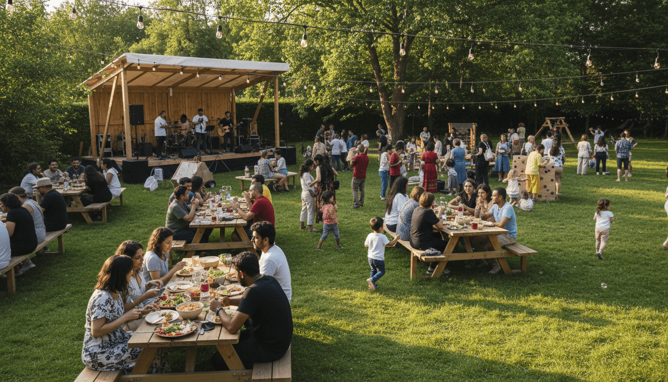 Outdoor family reunion with people of all ages enjoying a barbecue