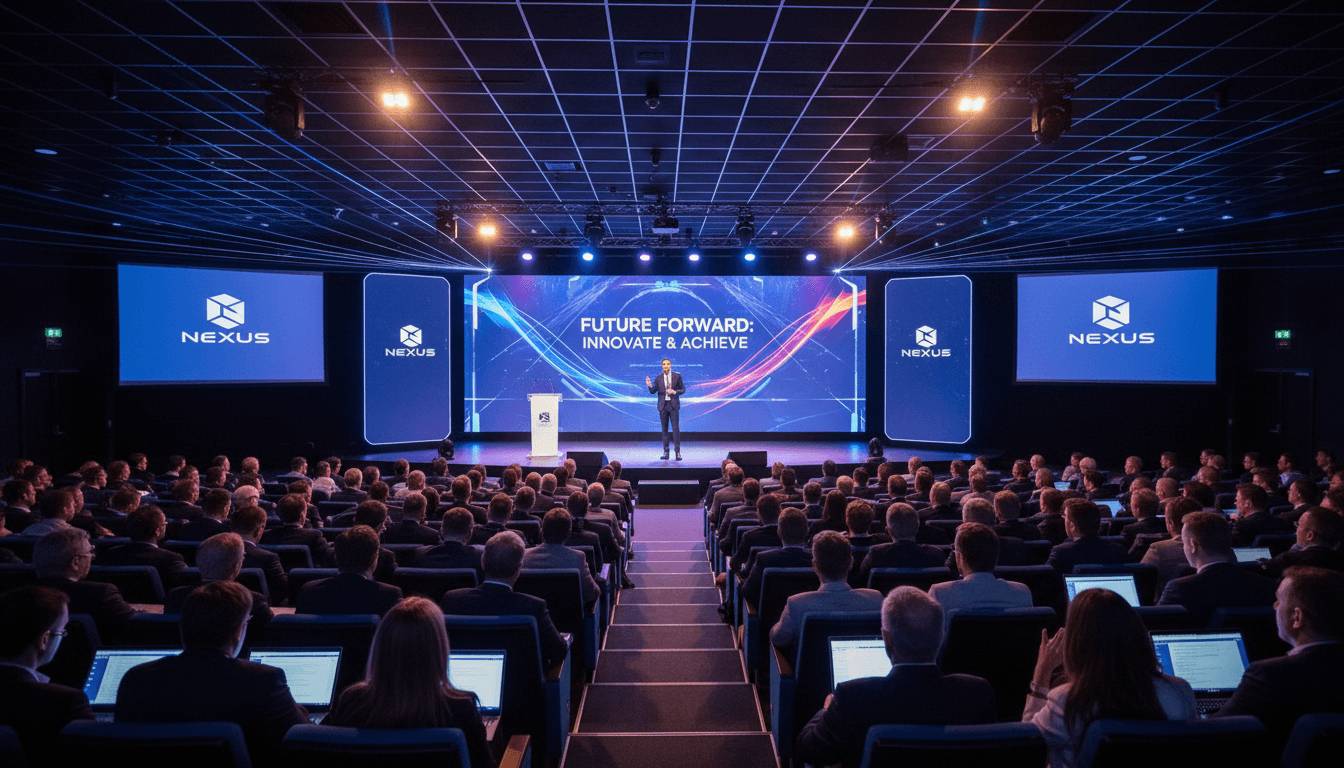Large product launch event in progress with hundreds of attendees in darkened auditorium, illuminated stage, and keynote speaker