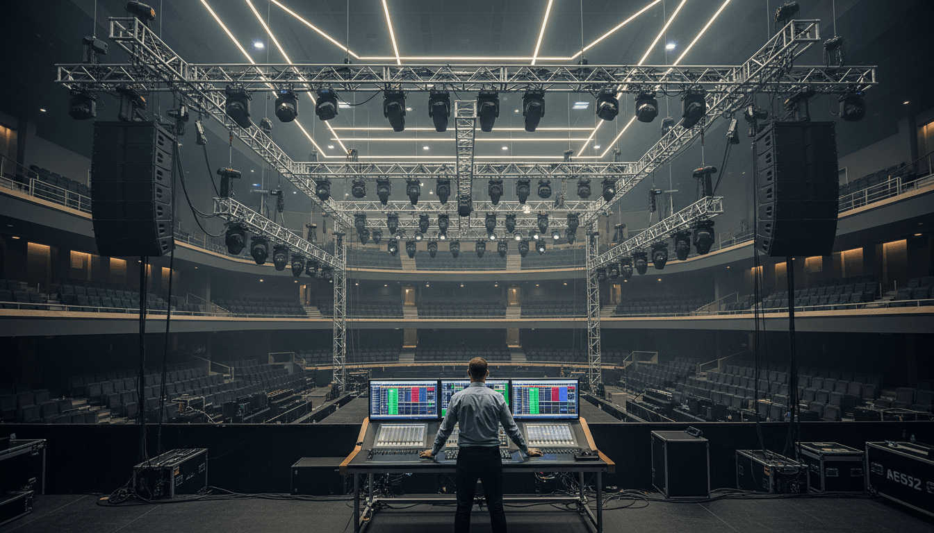 Audio-visual technician at mixing console overseeing suspended lighting rigs and speaker systems in concert venue