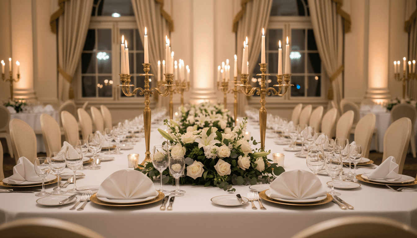 Formal banquet table with multiple elegant place settings, floral centerpieces, candlelight, and premium tableware spanning full length