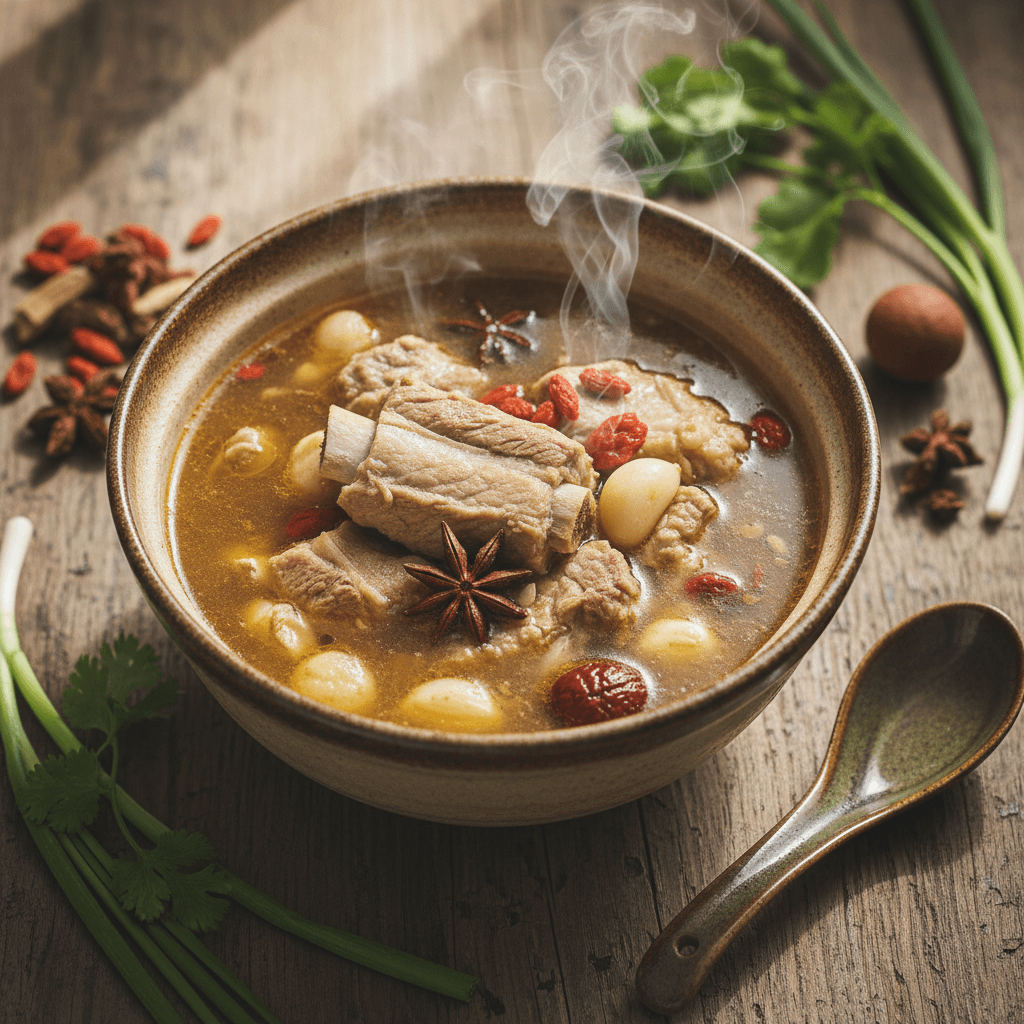 Steaming bowl of traditional pork rib soup with medicinal herbs and golden broth on rustic wooden table