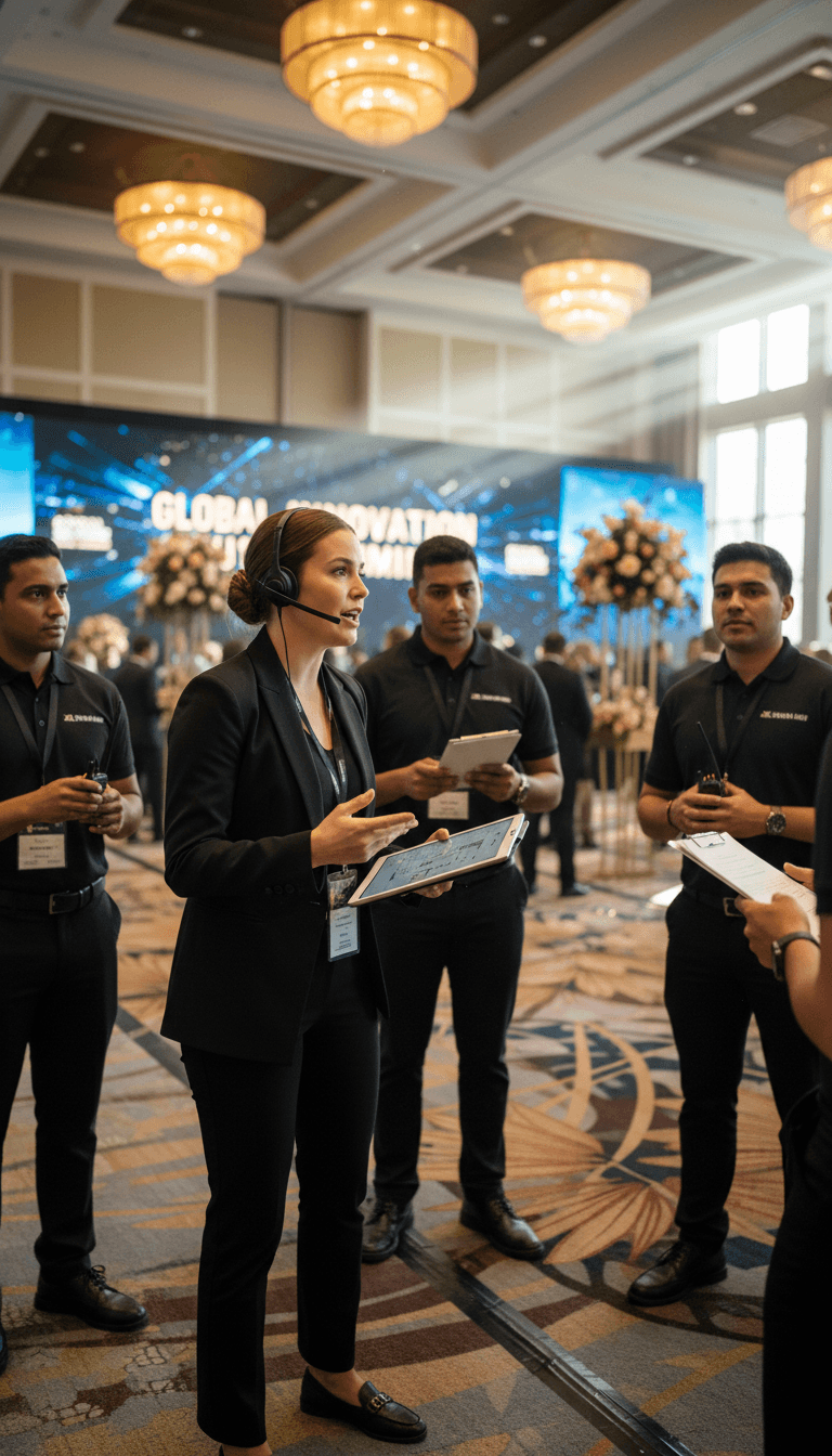 Event coordinator wearing headset and holding tablet, directing team during active event with ambient lighting and guests in background