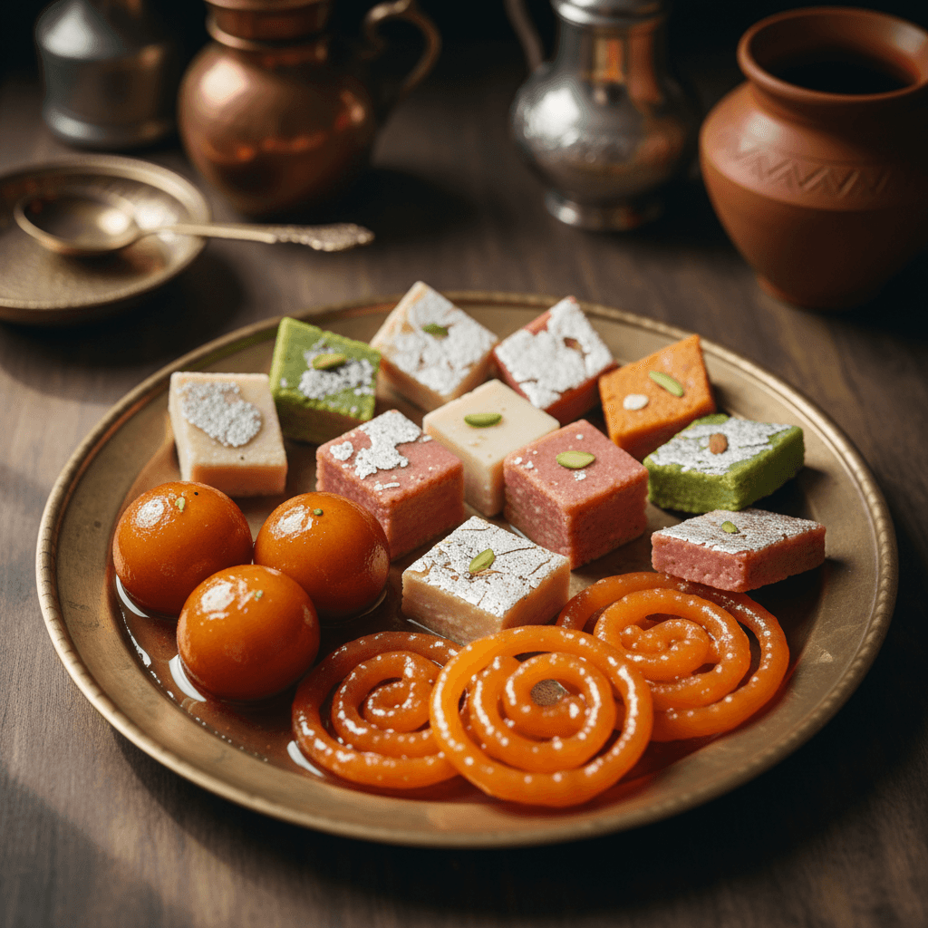 Colorful Indian sweets including gulab jamuns and barfi arranged on a brass plate with natural golden light