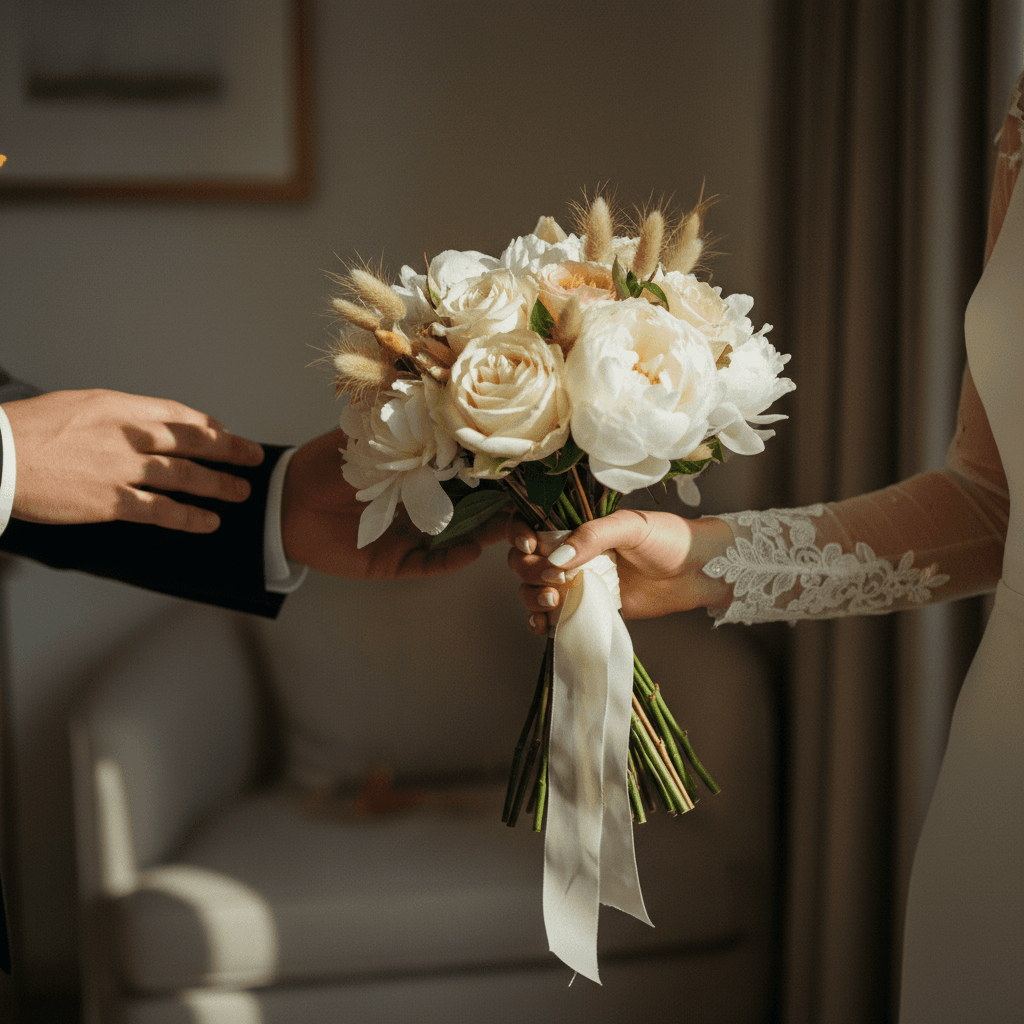 Bride adjusting floral centerpieces at wedding reception