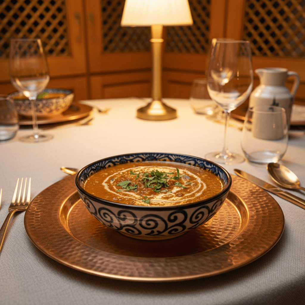 Close-up of vegetarian Indian curry in ceramic bowl, garnished with fresh cilantro, warm golden lighting, elegant table setting