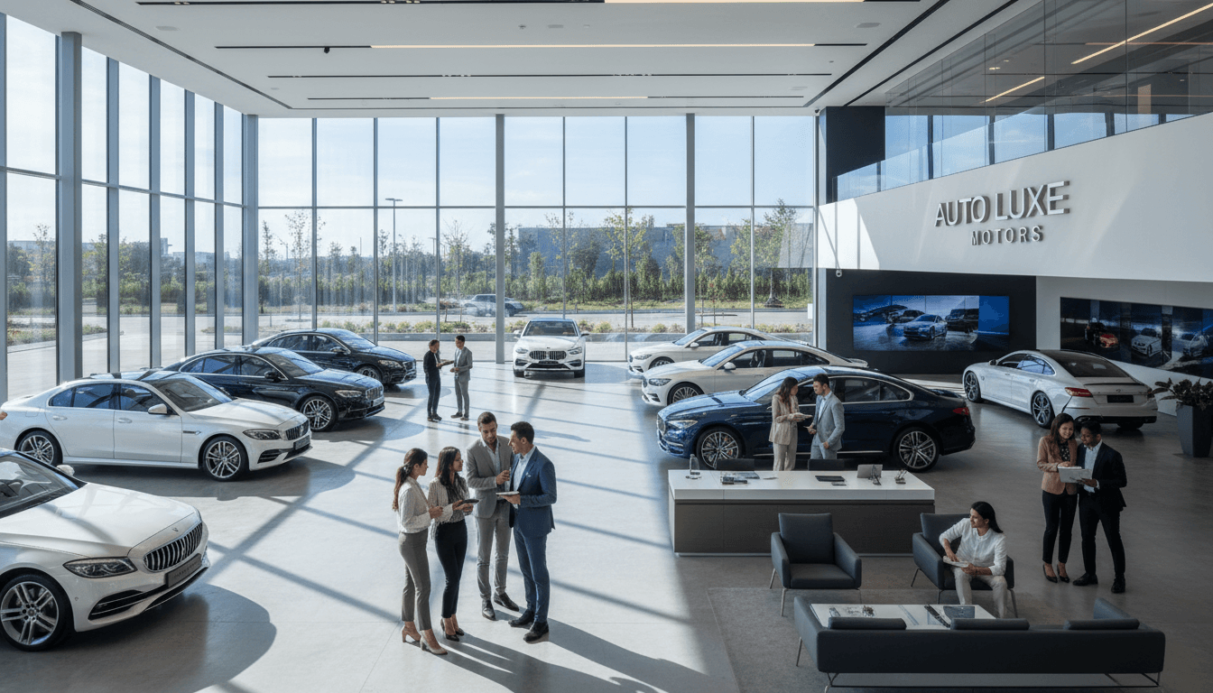 Modern showroom interior with multiple vehicles on display and diverse customers consulting with sales professionals in natural daylight